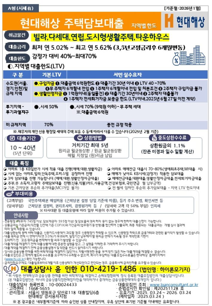 주택담보대출
현대해상 주택담보대출
아파트담보대출
현대해상 아파트담보대출
빌라담보대출
연립주택담보대출
도시형생활주택담보대출
타운하우스주택담보대출