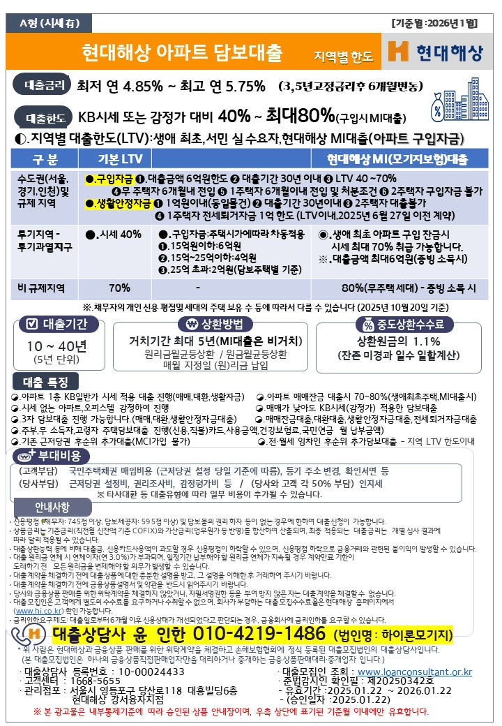 아파트담보대출
현대해상 아파트담보대출
주택담보대출
현대해상 주택담보대출
오피스텔담보대출
현대해상 오피스텔담보대춝
빌라담보대출
연립주택담보대출