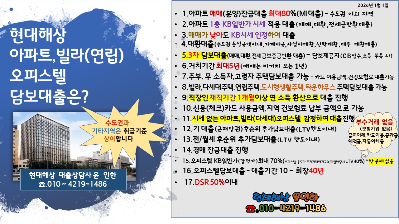 주택담보대출
현대해상 주택담보대출
현대해상 아파트대출
현대해상 오피스텔대출
대환대출
아파트 구입잔금대출
빌라담보대출
다세대주택담보대출
도시형생활주택담보대출
담보대출
현대해상담보대출
현대해상 대출