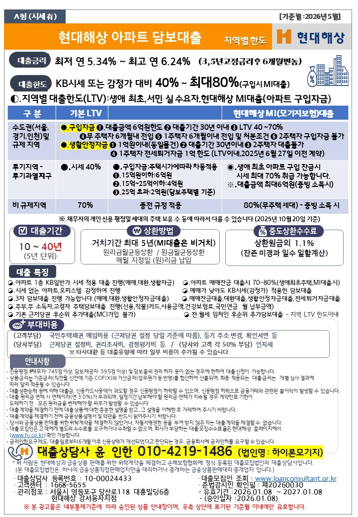 현대해상 아파트대출
아파트담보대출
